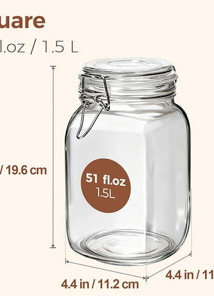 ComSaf Airtight Glass Canister Set of 3 with Lids 51oz Clear Food Storage Jars Square, Kitchen & Pantry Organization Food Storage Container for Canning, Sugar, Flour, Pasta, Candy, Cereal, Coffee