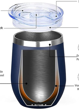 MEZMUT 12 Oz Insulated Wine Tumbler with Lid Double Wall Vacuum Stainless Steel Wine Glass Coffee Mug Insulated Tumbler Cup for Champaign, Cocktail, Beer (Navy, 4 Pack)