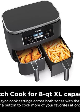 Ninja DZ201 Foodi 8 Quart 6-in-1 DualZone 2-Basket Air Fryer with 2 Independent Frying Baskets, Match Cook & Smart Finish to Roast, Broil, Dehydrate & More for Quick, Easy Meals, Grey
