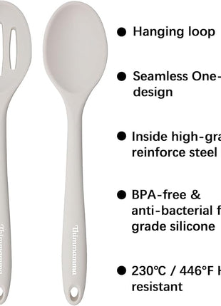 Slotted Solid Silicone Spoons Set for Cooking Dishwasher Safe, Heat Resistant White BPA Free Nonstick Kitchen Serving Spoon Mixing Spoons Basting Spoon Stirring