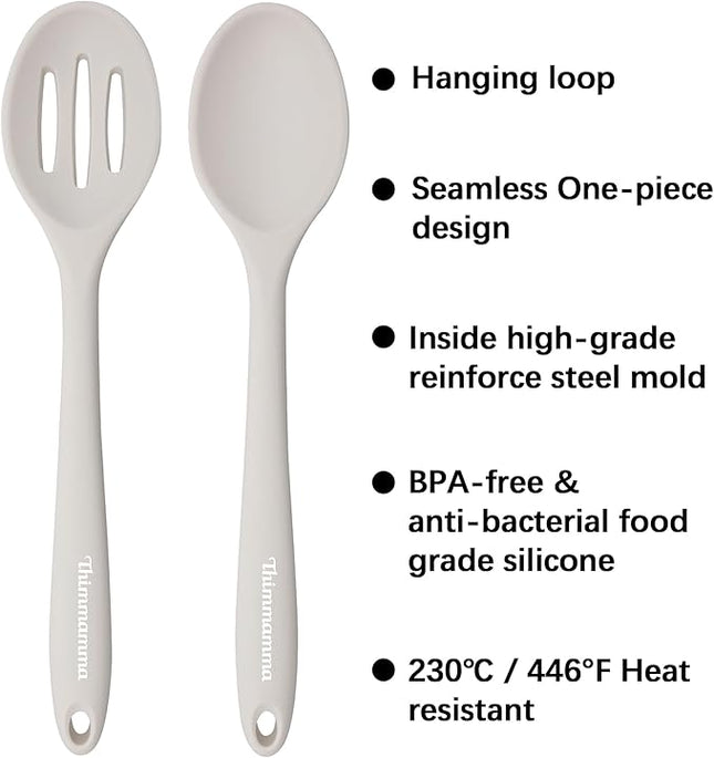 Slotted Solid Silicone Spoons Set for Cooking Dishwasher Safe, Heat Resistant White BPA Free Nonstick Kitchen Serving Spoon Mixing Spoons Basting Spoon Stirring