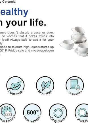 LE TAUCI 8 oz Cappuccino Cups with Saucers, Heavyweight Ceramic Large Coffee Cup for Au Lait, Double shot, Latte, Cafe Mocha, Tea - Dishwasher Safe, Set of 4, White