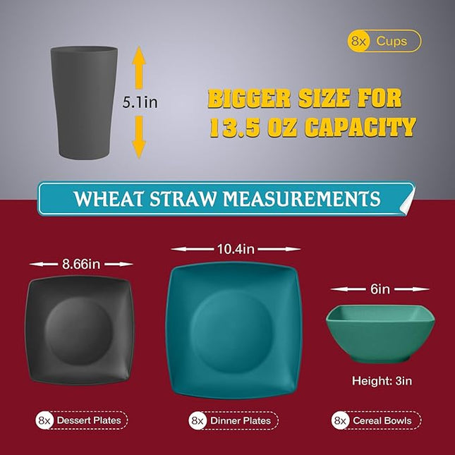 Teivio 32-piece Plastic Wheat Straw Square Dinnerware Set for 8, Unbreakable Dinner Plates, Salad Plates, Snack Bowls, Tumblers 20 oz, Dishwasher Safe, Coastal Multicolor