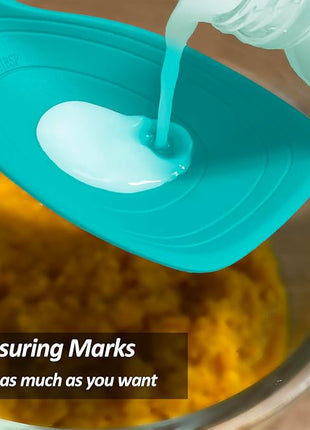 2 Pack Large Silicone Cooking Spoons set, Non-Stick Slotted/Solid Spoon set with Deep Bolw& Measurement Mark for Mixing, Serving, Draining, Scooping, Scraping, Heat Resistant Kitchen Utensils,Teal