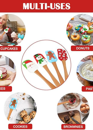 BOYAN Christmas Silicone Spatula, Set of 4, Christmas Spatulas with Wooden Handle for Baking, Kitchen Utensils Baking Supplies for Cooking, Gifts and Decoration