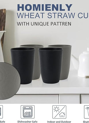 Wheat Straw Cups 6 PCS Plastic Cups Reusable Unbreakable Drinking Cup Dishwasher Safe Water Glasses with Unique Pattern(16 OZ,Black Grey)