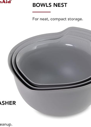 KitchenAid Universal Nesting Plastic Mixing Bowls, Set Of 3, 2.5 quart, 3.5 quart, 4.5 quart, Non Slip Base with Easy Pour Spout to Reduce Mess, Dishwasher Safe, Gray