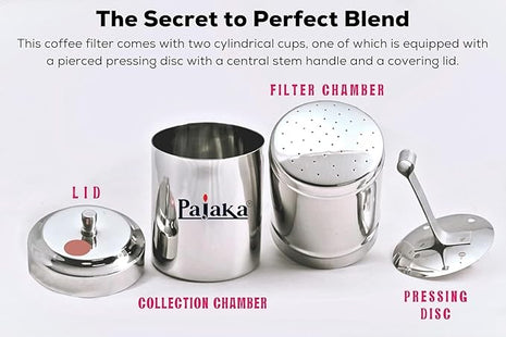 PAJAKA South Indian Filter Coffee Maker 4-6 Cup Mug Madras Kaapi Kappi Drip Decoction Maker Brewer Dripper Stainless Steel Medium Size for Home & Kitchen (250 ML)