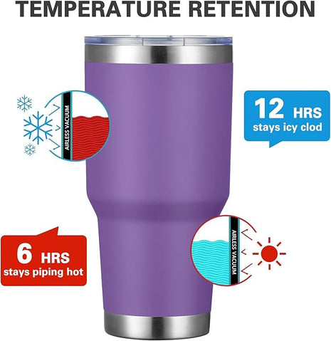 MEWAY 30oz Insulated Tumbler With Lids and Straws,Stainless Steel Double Vacuum Coffee Tumbler Cup, Brush, Durable Powder Coated Coffee Cup for Cold & Hot Drinks, Office, Travel(Purple,8 PACK)