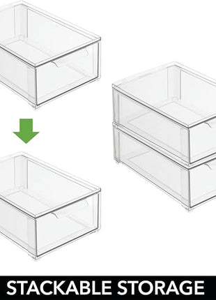 mDesign Plastic Stackable Closet Storage Organizer Bin Containers with Front Pull Drawer for Cabinet, Desk, Shelf, Cupboard, or Dresser Organization - Lumiere Collection - Set of 3 - Clear