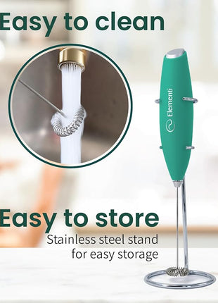 Elementi Matcha Whisk & Frother Set - Powerful Electric Matcha Mixer for Powder, Easy to Use Electric Whisk Kit - Craft Effortless Lattes with the Elementi Milk Frother Wand & Wisk (Emerald Green)