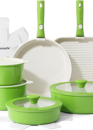 SENSARTE 17 Piece Ceramic Pots and Pans Set, Nonstick Detachable Handle Cookware, Induction Kitchen Cookware Set with Removable Handle, Dishwasher ＆ Oven Safe (Green)