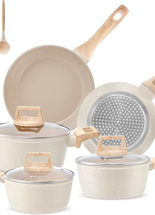 Pots and Pans Set Non Stick, 11pcs Ceramic Cookware Set, Non Toxic Induction Kitchen Cookware Sets, Nonstick Cooking Set with Stay Cool Handle, 100% PFOA Free, Cream