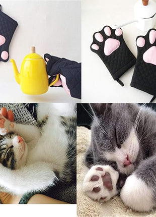 Oven Mitts,Cat Design Heat Resistant Cooking Glove Quilted Cotton Lining- Heat Resistant Pot Holder Gloves for Grilling & Baking Gloves BBQ Oven Gloves Kitchen Tools Gift Set BBQ,Microwave (Black)