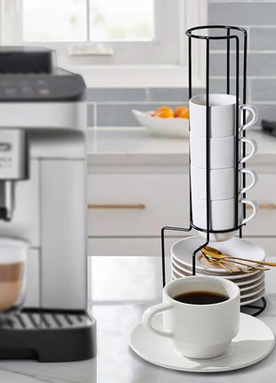 Lareina Porcelain Stackable Espresso Cups with Saucers, Spoons and Metal Stand, 3 Ounce Small Coffee Cups Set of 6 - Ceramic Demitasse Mugs, White