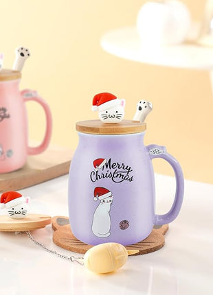 BigNoseDeer Christmas Mugs Kawaii Cat Mug Tea Cup with Infuser Cute Mugs Ceramic Coffee Mug with Lid, Spoon,Coaster Kitty Tea Mug Christmas Gifts Cat Lovers Gifts (Purple 13oz)