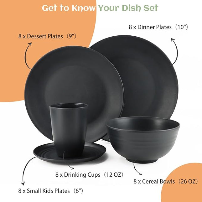 Homienly Wheat Straw Dinnerware Set,40-Piece Dish Set for 8, Dinner Plates, Dessert Plate, Cereal Bowls, Cups, Appetizer Plates,Reusable Dinner Plates Kids Plates and Bowls Sets,Black