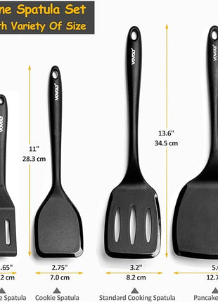 Silicone Spatula Set, 600°F Heat Resistant Silicone Spatula Turner Flipper for Cooking, Non Stick and Non Scratch Kitchen Utensils for Eggs & Pancakes, 4 Pack, Black