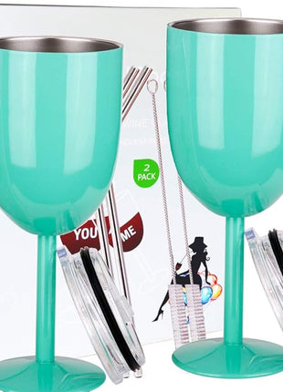 AMZUShome Stainless Steel Wine Glasses(2 Pack).Double Walled Vacuum Insulated Wine Tumbler Cups With Lid and Straw.Friendship,Christmas,Birthday Gifts for Women Men Friends Dad Mom(10oz Mint Green)