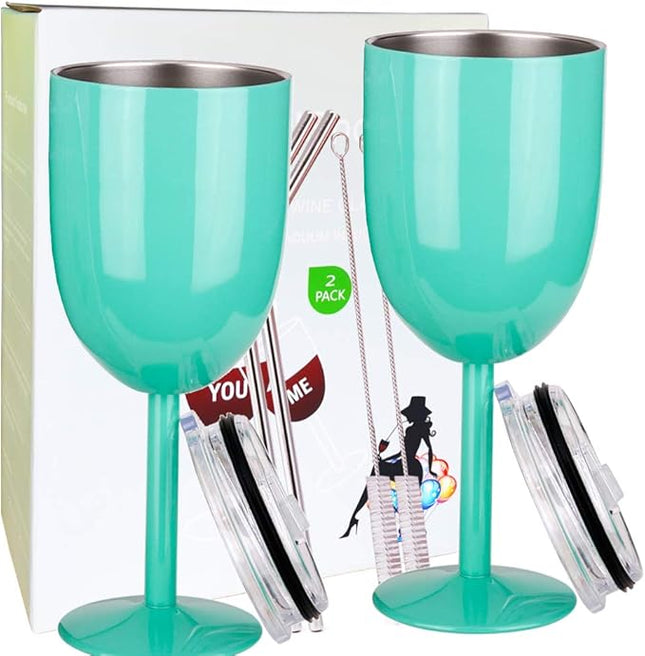 AMZUShome Stainless Steel Wine Glasses(2 Pack).Double Walled Vacuum Insulated Wine Tumbler Cups With Lid and Straw.Friendship,Christmas,Birthday Gifts for Women Men Friends Dad Mom(10oz Mint Green)
