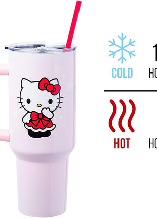 Silver Buffalo Sanrio Hello Kitty Christmas Holiday Dress and Matching Bow Snowflakes Stainless Steel Tumbler with Handle and Straw, Fits in Standard Cup Holder, 40 Ounces