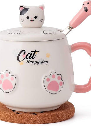 Bgbg Cute Cat Mug, Novelty Ceramic Coffee Tea Milk Cup with Lovely Kitty Lid, Kawaii Claw Spoon, Anime Coaster, Novelty Things Birthday Christmas Gift for Cat Lovers Women Her, 14 oz, White