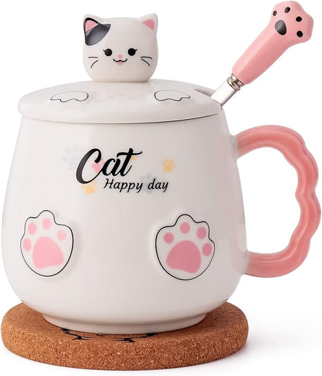 Bgbg Cute Cat Mug, Novelty Ceramic Coffee Tea Milk Cup with Lovely Kitty Lid, Kawaii Claw Spoon, Anime Coaster, Novelty Things Birthday Christmas Gift for Cat Lovers Women Her, 14 oz, White