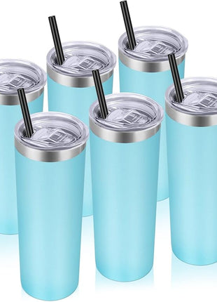 VEGOND Stainless Steel Tumblers Bulk 6 Pack, 20 oz Vacuum Insulated Skinny Tumblers with Lid and Straw, Double Wall Coffee Mug, Travel Water Cup, Blue