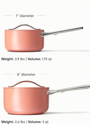 Caraway Nonstick Ceramic Sauce Pans with Lids (3 qt & 1.75 qt) - Non Toxic, PTFE & PFOA Free - Oven Safe & Compatible with All Stovetops (Gas, Electric & Induction) - Perracotta