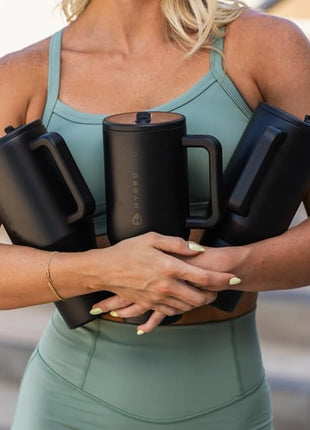 HydroJug Traveler - 32 oz Water Bottle with Handle & Flip Straw - Fits in Cup Holder, Leak Resistant Tumbler-Reusable Insulated Stainless Steel & Rubber Base - Gifts for Women & Men, Black