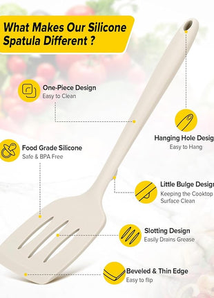 Pack of 2 Silicone Spatula Turners, Non Stick Slotted Kitchen Spatula Set, Heat Resistant BPA Free Kitchen Utensils, One-Piece Design, Suitable for Flipping Fish, Eggs, Steak, Pancakes(KHAKI)