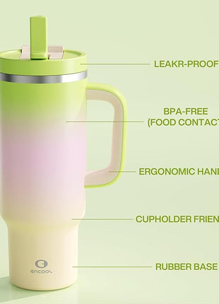 ENCOOL 40 oz Tumbler with Handle and Straw: Stainless Steel Insulated Tumbler Keeps Cold for 24 Hours, Leakproof Travel Cup Fits in Cup Holder and BPA-Free, Morning Dew
