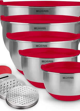 Belwares Mixing Bowls with Lids Set - Nesting Bowls with Airtight Lids + Graters - Stainless Steel Non-Slip Mixing Bowl for Baking, Food Storage and Prepping (Red, 5-Piece Set)