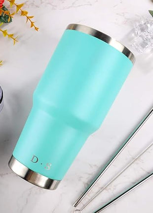 D·S 30oz Mint Tumbler Stainless Steel Double Wall Vacuum Insulated Mug with Straw and Lid, Cleaning Brush for Cold and Hot Beverages
