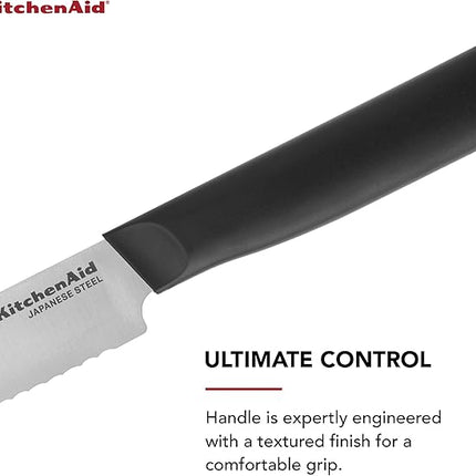 KitchenAid Classic Serrated Bread Knife with Custom-Fit Blade Cover, 8-inch, Sharp Kitchen Knife, High-Carbon Japanese Stainless Steel Blade, Black
