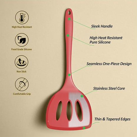 Silicone Pancake Spatula Turner with Lengthened Handle& Seamless Design, Heat Resistant Slotted Flipper for Nonstick Cookware, Large Flexible Kitchen Utensils for Egg, Pancake, Burger, Red