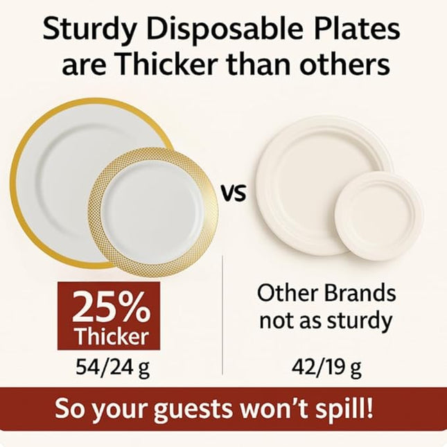 By Madee HEAVYWEIGHT Fancy Plastic Dinnerware Sets – White and Gold Disposable Plates, Premium Cutlery & Linen-Like Napkins | Elegant Disposable Dinnerware Set - 175 Pc for 25 Guests