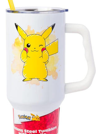 Silver Buffalo Pokémon Stainless Steel Tumbler with Handle Featuring Pikachu, Fits in Standard Cup Holder, 40 Ounces