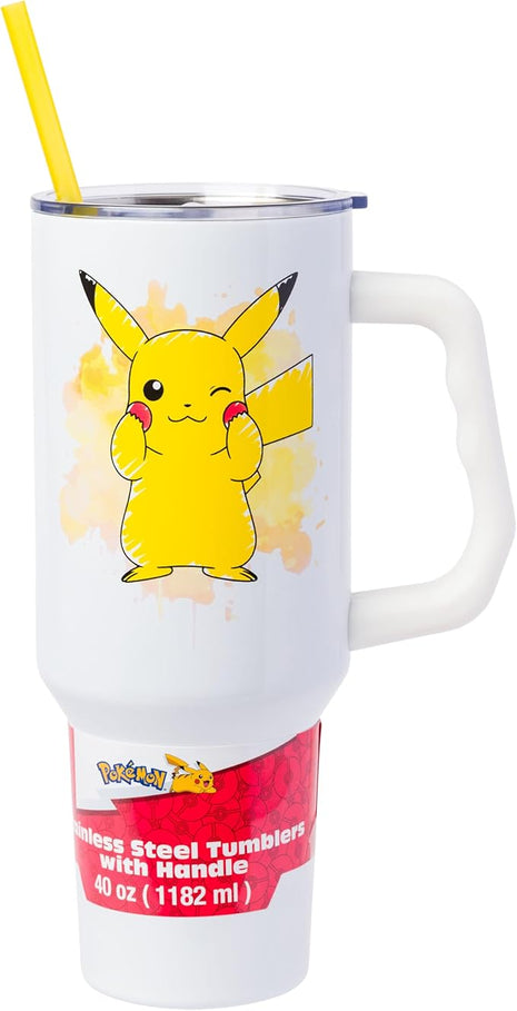 Silver Buffalo Pokémon Stainless Steel Tumbler with Handle Featuring Pikachu, Fits in Standard Cup Holder, 40 Ounces
