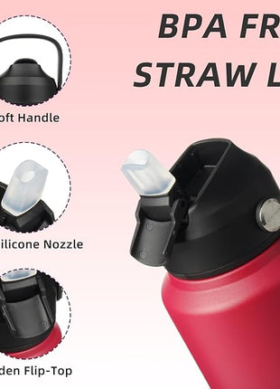 BJPKPK Water Bottle with Straw Lid, 32oz Vacuum Insulated Water Bottles, Metal Stainless Steel Thermo for Sports, Travel, BPA Free Leak Proof Thermo, Cups, Flasks, Tumblers,Charming Red