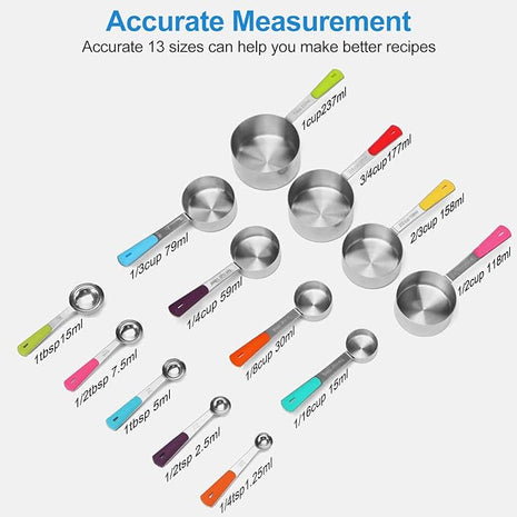 13-Piece Measuring Cups and Spoons Set Stainless Steel for Cooking & Baking (8 Cups +5 Spoons, Colorful）