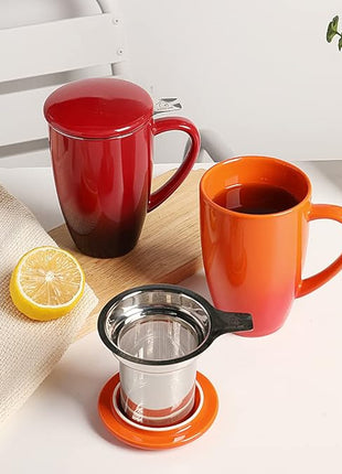 Sweejar Porcelain Tea Mug with Infuser and Lid,Teaware with Filter, Loose Leaf Tea Cup Steeper Maker, 16 Fl Oz for Tea/Coffee/Milk/Women/Office/Home/Gift (Gradient Orange)