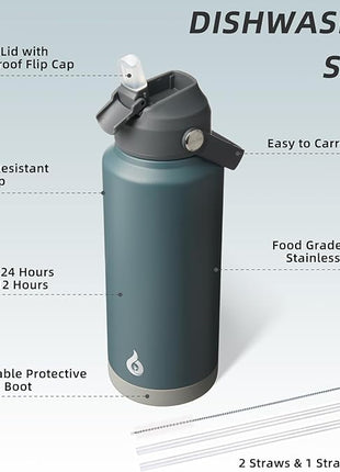 BJPKPK Water Bottle with Straw Lid, 32oz Vacuum Insulated Water Bottles, Metal Stainless Steel Thermo for Sports, Travel, BPA Free Leak Proof Thermo, Cups, Flasks, Tumblers, Grey