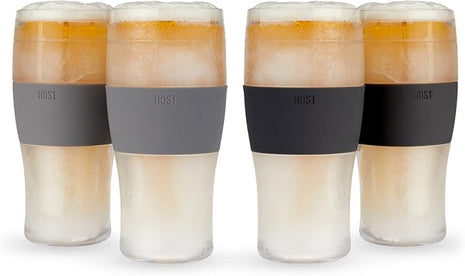 Host Freeze Beer Glasses, 16 ounce Freezer Gel Chiller Double Wall Plastic Frozen Pint Glass, Set of 4, Black and Grey
