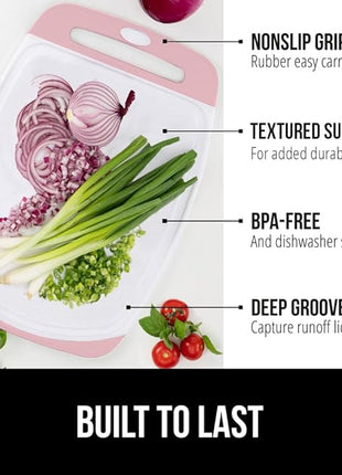 GORILLA GRIP BPA-Free Reversible Kitchen Cutting Board Set of 3, US Designed, Nonporous, Juice Grooves Catch Liquid, Slip Resistant Border, Dishwasher Safe, Durable Large Food Chopping Boards, Pink