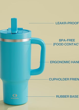 32 oz Tumbler with Handle and Straw: Stainless Steel Insulated Tumbler Keeps Cold for 24 Hours, Leakproof Travel Cup Fits in Cup Holder and BPA-Free,Azure Blue