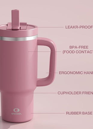 ENCOOL 32 oz Tumbler with Handle and Straw: Stainless Steel Insulated Tumbler Keeps Cold for 24 Hours, Leakproof Travel Cup Fits in Cup Holder and BPA-Free,Turkish Rose