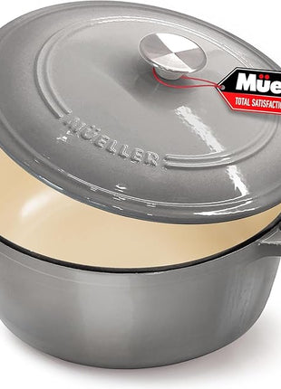 MUELLER HOME 7.5 QT Enameled Cast Iron Dutch Oven, Heavy-Duty, Oven-Safe up to 500° F & Across All Cooktops, Casserole Dish and Braiser Pan with Lid and Stainless Knob, Grey
