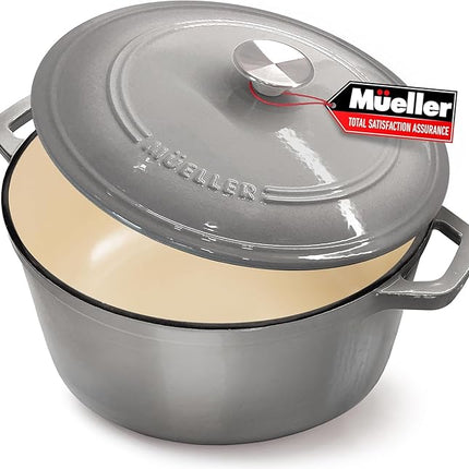 MUELLER HOME 7.5 QT Enameled Cast Iron Dutch Oven, Heavy-Duty, Oven-Safe up to 500° F & Across All Cooktops, Casserole Dish and Braiser Pan with Lid and Stainless Knob, Grey