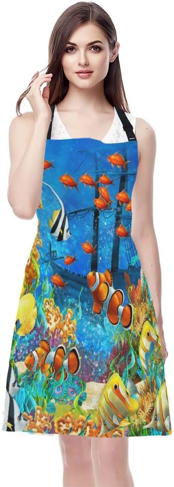EKOBLA Fish Aprons Painting Undersea Coral Reef Bubbles Colorful Dive Exploration Ocean Waterproof Resistant Chef Cooking Kitchen BBQ Adjustable Aprons for Women Men 27x31 Inch